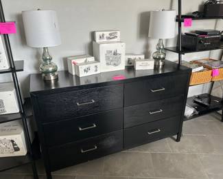 Black wood 6 drawer dresser, matching lamps with phone ports