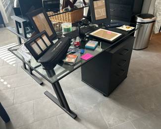 Glass and black metal desk with 2 drawer filing cabinet