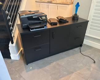Black office credenza, HP Wireless printer