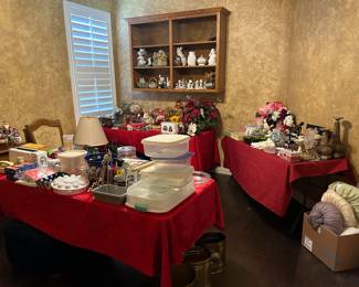Room full of Jim Shore, holiday, Porcelin holiday, games, Queen bed, 2 arm chairs, 2 end tables and small entry chest!