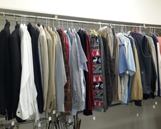 Men's clothing including Givenchy tuxedos, shirts, sport coats, button down shirts, sweaters, golf shirts, shorts, jeans, dress slacks, and coats. Most are XL and size 40-44.