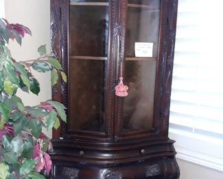 Carved wood corner display cabinet
