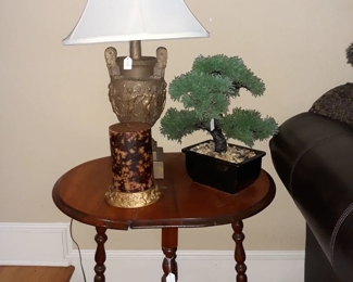 Gateleg table, lamp and faux bonsai tree