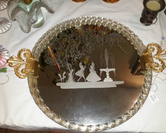 Murano etched glass mirrored tray
