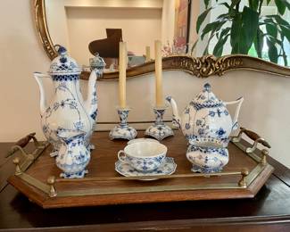 Royal Copenhagen “Blue Lace” Tea and Coffee Set with pair of Candlesticks