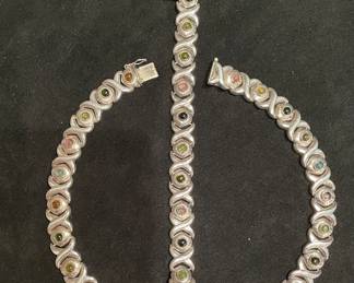 “LOVE & KISSES” STUNNING MID CENTURY MODERN STERLING AND SEMI PRECIOUS STONES NECKLACE BY DEZAN, SIGNED 