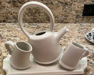 “DANCING” TEA SET MODERNIST ART POTTERY BY MICHAEL LAMBERT, SINGED 