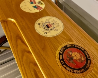Large Beautiful Military Bar by the "Michigan Military Preservation Social Club " sporting logos from the Marines, Army, Coastguard, Air Force, Navy 
