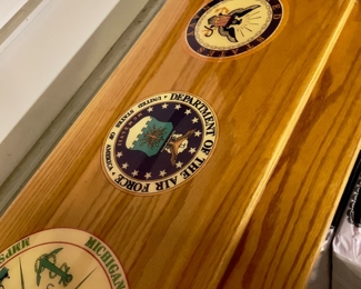 Large Beautiful Military Bar by the "Michigan Military Preservation Social Club " sporting logos from the Marines, Army, Coastguard, Air Force, Navy 