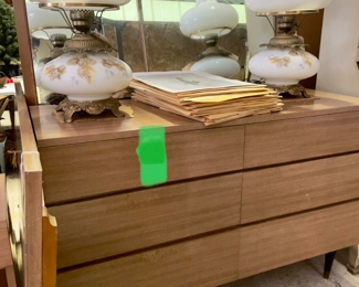 Mid Century Modern Bedroom Suite, Dresser with Mirror, Headboard, Footboard and side table (Maple?) 