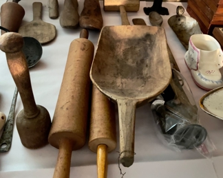 Antique and Primitive Kitchen Utensils; Rolling Pins, Scoops, Spatulas and more