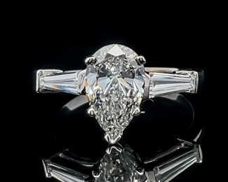2.21 Carat Diamond Three-Stone Pear & Baguette Winston Style Past, Present & Future Ring in 14k White Gold w/ IGI Certification! Excellent condition, Fine Quality Craftsmanship; $8,500 Retail
