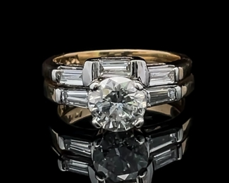 1.31 Carat Natural Diamond Round Brilliant & Baguette Engagement Ring & Wedding Band Set in 14k Yellow & White Two-Tone Gold w/ Gem Scan International Certification, Replacement Value $8,800