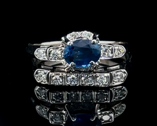 1.26 Carat Blue Sapphire Oval Solitaire & Diamond Vintage Wedding Ring 2-Piece Set in 14k White Gold