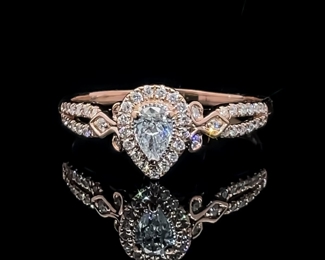 1.00 Carat Diamond Pear Solitaire & Halo Infinity Split Shank Openwork Tulip Ring in 14k Rose Gold; $3,025 Retail