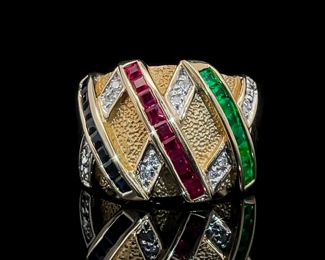 Natural Emerald, Blue Sapphire & Ruby Criss Cross Basketweave Dome Ring in 14k Yellow Gold; $2,550 Retail