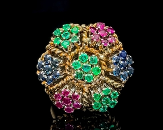 Natural 1.43 Carat Emerald, Blue Sapphire & Ruby Blooming Flower Hibiscus Bouquet Ring in 18k Yellow Gold w/ Independent Appraisal; $2,550 Retail