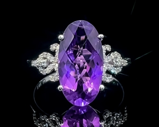 Elongated Oval Amethyst Solitaire & Diamond Vintage Style Ring in 14k White Gold