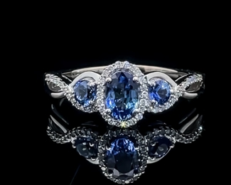 Designer Le Vian Oval, Round Three-Stone Natural Sapphire & Diamond Halo Infinity Ring in 14k White Gold; $3,500 Retail