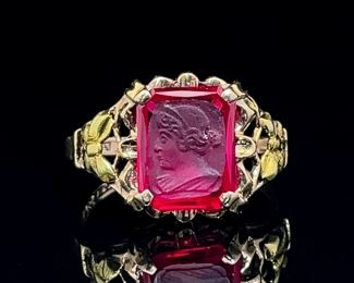 Very Unique Estate Find! Old Carved Roman Portrait in a Red Gem - Filigree Formal Garden Ring in Yellow Gold