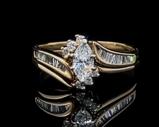 1.8 Carat Diamond Marquise & Round Brilliant Zig-Zag Engagement Ring & Wedding Band/Bridal Guard in 14k Yellow Gold
