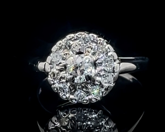 Diamond Round Brilliant Antique Concentric Double Row Cluster Ring in 14k White Gold, VS Clarity