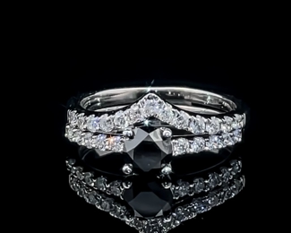 1.25 Carat Fancy Black & White Diamond Engagement Ring & Wedding Band Bridal Ring Set in 14k White Gold, Stunning Chevron V-Shaped Design
