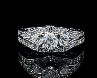 1.10 Carat Diamond Round Brilliant Three-Stone Double Row Cluster Wedding Bridal Ring in 14k White Gold, Peek-a-Boo Openwork Scrolling Heart & Ribbon Design; $2,899 Retail