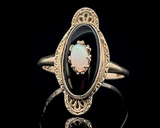 Vintage Estate Find! White Opal & Black Onyx Crown Milgrain Estate Ring in Yellow Gold