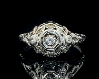 Vintage Estate Find! Diamond Round Brilliant Cut Concentric Blooming Flower Engraved Filigree Dome Ring in 18k White Gold