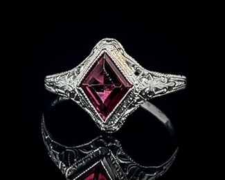 Antique Estate Find! Ruby Solitaire Art Deco Engraved Filigree Flower Basket Top Ring in White Gold
