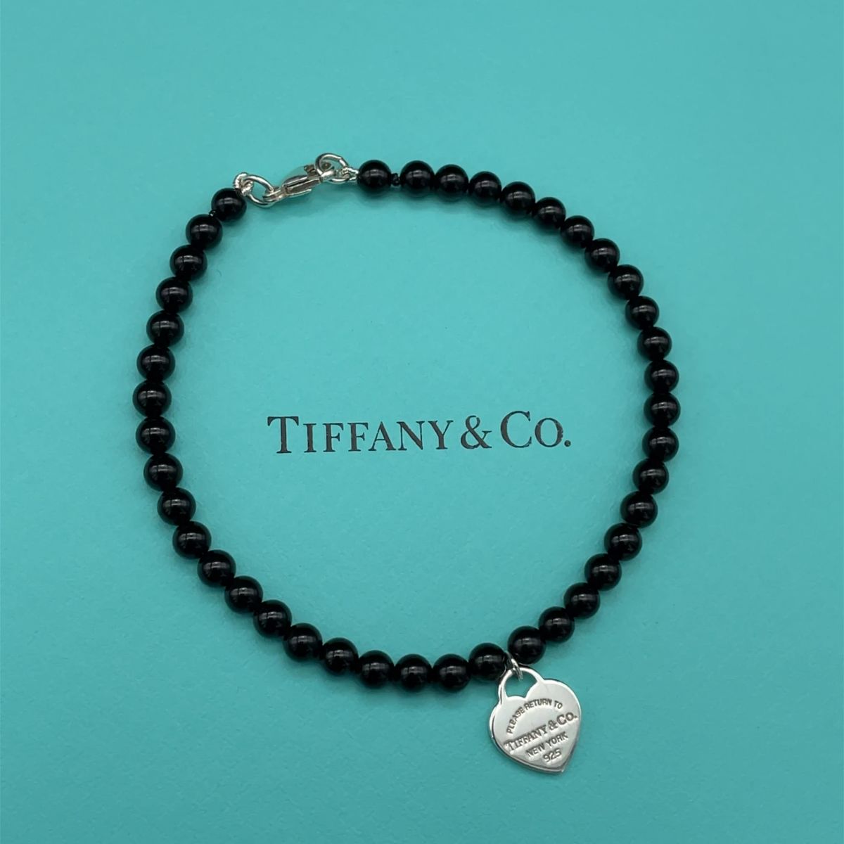 Tiffany & Co. Return to Tiffany Heart Pendant/Charm Black Onyx Beaded Bracelet - 925 Sterling Silver