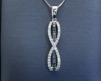 Fancy Blue-Green Diamond & White Diamond Infinity Symbol Journey Pendant in White Gold, Retail Value $1400 w/ Tag