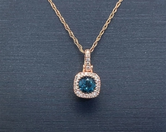 London Blue Topaz & Diamond Cushion Halo Drop Pendant Necklace in Rose Gold; $1,250 Retail