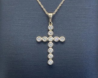 Diamond Bezel Illusion Classic Cross Drop Pendant Necklace in 14k Yellow Gold; $1,425 Retail