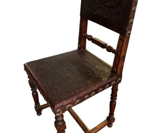 Antique Walnut and Embossed Leather Accent Chair