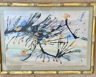 Asian Feel Art by Lucille Fleimister in Gold Faux Bamboo Frame