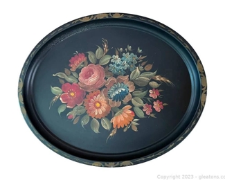 Black Oval Floral Painted Tray