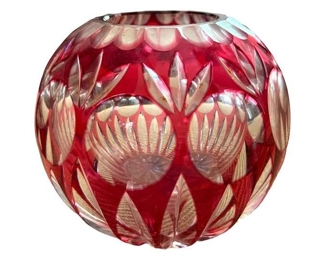 Cranberry Glass Open Orb Dish on Wood Base