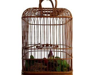 Decorative Asian Style Wooden Bird Cage with Faux Cardinal