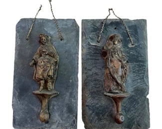 Pair of Slate Wall Hangings with Metal Sculptures