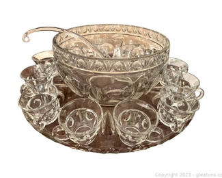 Vintage Glass Punch Bowl 12 Cups and Glass Ladle
