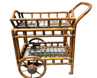 Vintage Mid Century Boho Chic Rattan Beverage Rolling Bar Cart