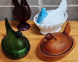 Glass Hen on Nests and Rooster covered jar.