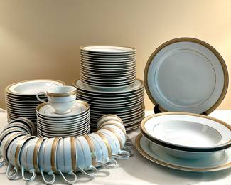 Mikasa "Gold Crown" China Set (16 dinner, 16 bread & butter plates, 16 soup/salad bowls, 16 cups & saucers, 2 serving bowls, 2 serving platters)