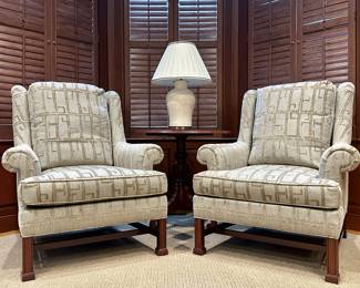 (2) Hickory Furniture Marlborough Chairs with Goosedown Backs & Mahogany Legs