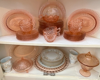 pink depression glass, Noritake "Long Ago" china
