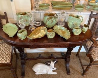 Frankoma serving pieces, crystal decanters