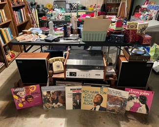 Sony Phonograph Set/Speakers, various vintage record albums