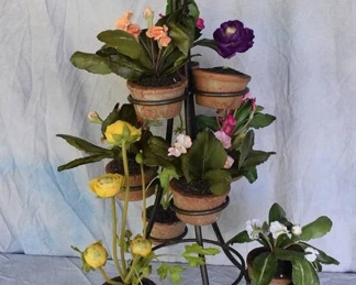 3 Tier Wrought Iron Plant Stand with 9 Small Clay Pots with Faux Flowers